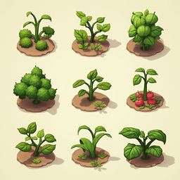 Nine stylized plants with unique leaf shapes and sizes are arranged in a 3x3 grid on brown soil, showcasing various shades of green and red.