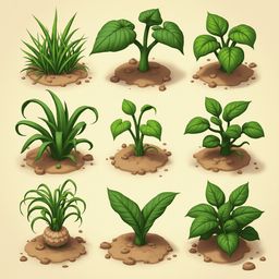Nine stylized plants with varying leaf shapes and sizes are arranged in a 3x3 grid on brown soil, showcasing diverse forms.