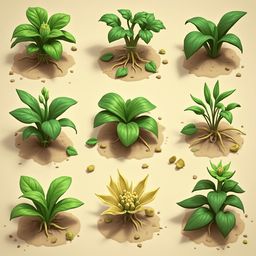 Nine stylized plants with varying leaf shapes and sizes are arranged in a 3x3 grid on light beige soil.