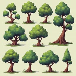 Nine stylized trees in various shades of green and brown, arranged in a 3x3 grid against a light yellow backdrop.