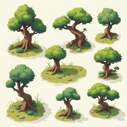 Nine stylized trees with brown trunks and green foliage are arranged in a 3x3 grid on a light beige background.