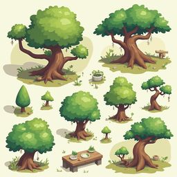 Nine stylized trees with unique features and objects, including a birdhouse, bench, and bowl, populate a natural setting.
