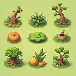 Nine stylized trees with unique features are arranged in a 3x3 grid against a light green backdrop.