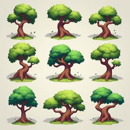 Nine stylized trees with varying foliage and brown trunks are arranged in a three-by-three grid against a light beige backdrop.
