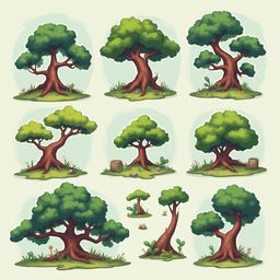 Nine stylized trees with varying foliage and ground cover, rendered in a cartoonish style.