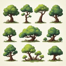 Nine stylized trees with varying foliage and rock formations are arranged in a 3x3 grid against a light beige backdrop.