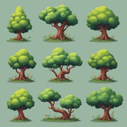 Nine stylized trees with varying shapes, sizes, and green hues are arranged in a 3x3 grid against a light blue backdrop.