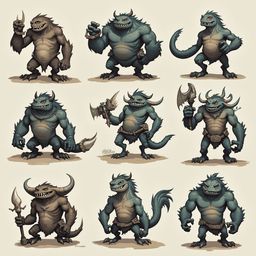 Nine unique blue creatures with varying features and weapons are arranged in a 3x3 grid against a light beige backdrop.