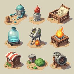 Nine unique buildings and structures, including a dome, tower, bench, jar, machine, fire, house, barrel, and bush, are arranged in a 3x3 grid.