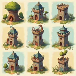 Nine unique castle-like structures, each with distinct features, are arranged in a 3x3 grid against a light yellow backdrop.