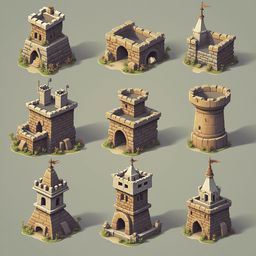 Nine unique castle structures, varying in design, are arranged in a 3x3 grid, each with distinct features and color schemes.