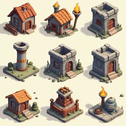 Nine unique, colorful houses with distinct features are arranged in a 3x3 grid against a light beige backdrop.
