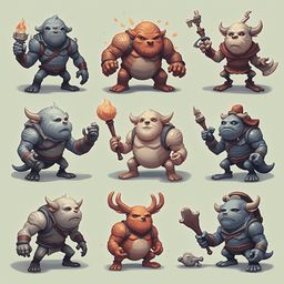 Nine unique creatures, each with distinct features and weapons, stand in a three-by-three grid against a light beige backdrop.