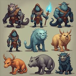 Nine unique creatures, each with distinct features and attire, populate a grid-like arrangement against a muted beige backdrop.