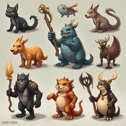 Nine unique creatures, each with distinct features and weapons, stand against a light gray backdrop.