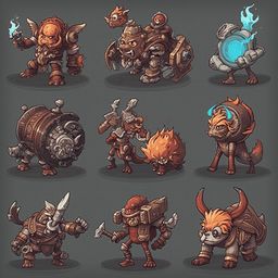 Nine unique creatures, each with distinct features and weapons, populate a grid-like arrangement against a muted gray backdrop.