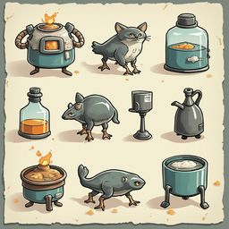 Nine unique creatures, including a cat, robot, bird, insect, bottle, stand, bowl, and pot, are depicted in a grid-like arrangement.