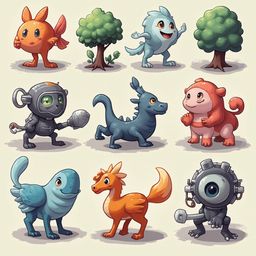 Nine unique creatures, including a fish, a tree, a humanoid, a dragon, a monkey, a bird, a horse, and a robot, populate a grid-like arrangement.