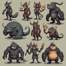 Nine unique creatures with distinct features and weapons populate a grid-like arrangement.