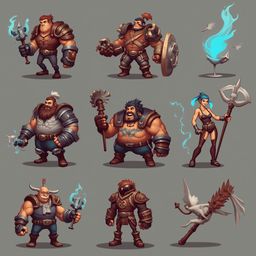 Nine unique fantasy characters, each with distinct armor and weapons, stand against a gray backdrop.
