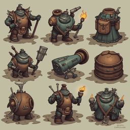 Nine unique green robots, each with distinct features and weapons, stand on dirt patches against a light beige backdrop.