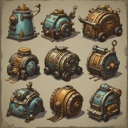 Nine unique, intricately designed vehicles in blue, orange, and silver showcase mechanical details and unique features.