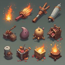Nine unique items, including a flaming torch, glowing crystal, glowing sword, glowing teapot, glowing purple teapot, glowing yellow orb, glowing red star, glowing blue cylinder, and glowing wooden chest, are arranged in three rows against a green backdrop.