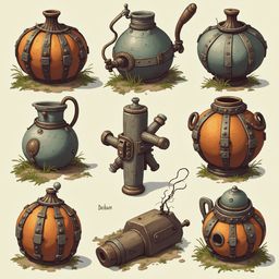 Nine unique, rusted, and colorful containers are arranged in a 3x3 grid on green grass.