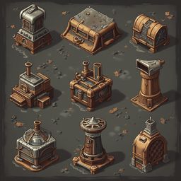 Nine unique, stylized structures in warm hues and metallic finishes are arranged in a 3x3 grid against a dark gray backdrop.
