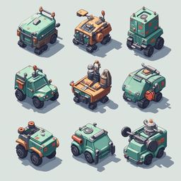 Nine unique, stylized vehicles in shades of green, orange, and blue are arranged in a 3x3 grid against a light blue backdrop.