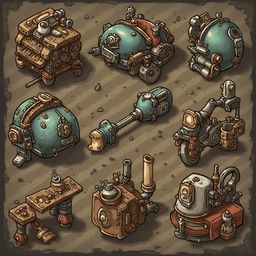 Nine unique vehicles, predominantly in earth tones, feature intricate designs and mechanical components.