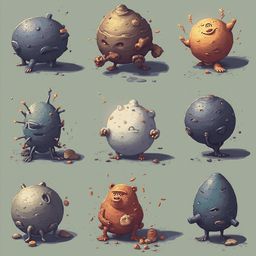 Nine whimsical, anthropomorphic creatures in various colors and poses populate a grid-like arrangement against a light green backdrop.