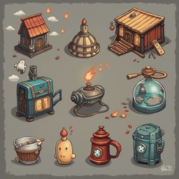 Nine whimsical buildings and objects, including a house, dome, wooden shed, barrel, lantern, bird, fish tank, and gear, are arranged on a muted gray background.