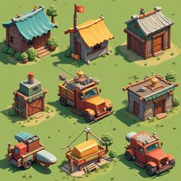 Nine whimsical buildings with unique features are scattered across a verdant field.