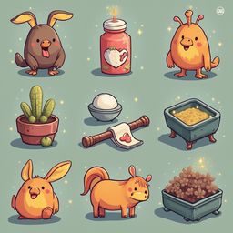 Nine whimsical cartoon animals and objects, including a rabbit, bird, jar, candle, cactus, egg, rolling pin, flower pot, and food dish, are arranged in a 3x3 grid.