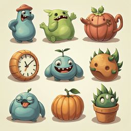 Nine whimsical cartoon creatures, including a blue octopus, green monster, orange pumpkin, clock, tree, pot-cactus, and smiling fish, are arranged in a 3x3 grid.