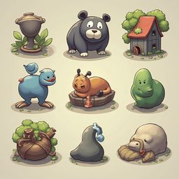 Nine whimsical creatures, including a bear, bird, cat, frog, pig, birdcage, hitchhiker, mushroom, and tentacle, populate a quaint village scene.
