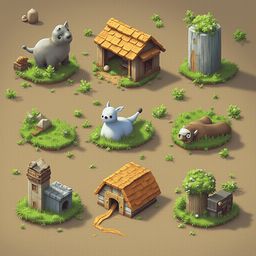 Nine whimsical houses and structures, including a gray elephant, dog house, tree house, and birdhouse, are scattered across a lush green field.