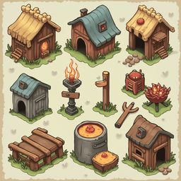 Nine whimsical houses and structures, varying in design, are scattered across a lush green field with red and orange accents.
