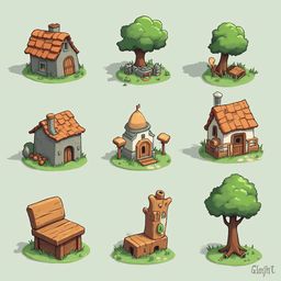 Nine whimsical houses and trees, each unique in style and function, are arranged in a 3x3 grid against a light green backdrop.