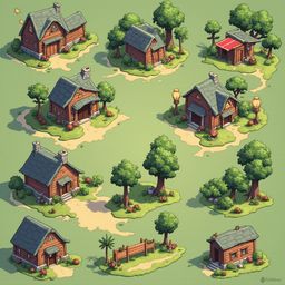 Nine whimsical houses and trees populate a lush green landscape, each with unique features and settings.