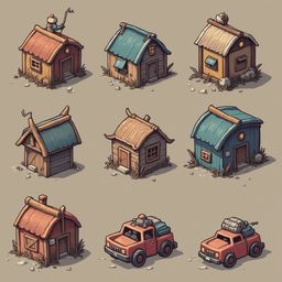 Nine whimsical houses, each unique in color and style, form a charming scene with scattered vehicles and figures.