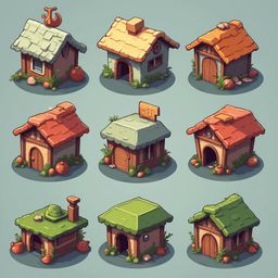 Nine whimsical houses, each unique in color, roof style, and feature, are arranged in a 3x3 grid against a light blue backdrop.