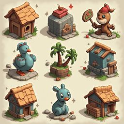 Nine whimsical houses, each unique in design and color, feature various animals, plants, and objects, creating a vibrant and engaging scene.