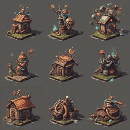 Nine whimsical houses, each unique in design and color, populate a grid on a dark gray background.