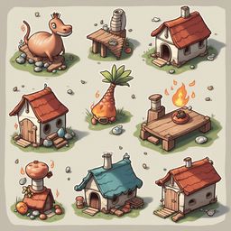 Nine whimsical houses, each unique in design and color, feature red roofs, chimneys, and windows, surrounded by greenery and fireplaces.