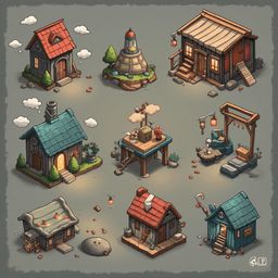Nine whimsical houses, each unique in design and color, populate a quaint village scene with red roofs, chimneys, and doorways.