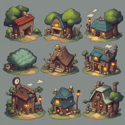 Nine whimsical houses, each unique in design and color, populate a quaint village scene with trees, flowers, and warm lighting.