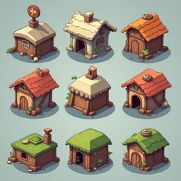 Nine whimsical houses, each unique in design, color, and feature, populate a grid against a light blue backdrop.