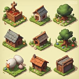 Nine whimsical houses, each unique in style and color, populate a quaint village scene with vibrant characters.